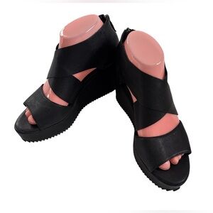 Eileen Fisher Black Leather Crisscross Sport Wedge Sandals - Size 7